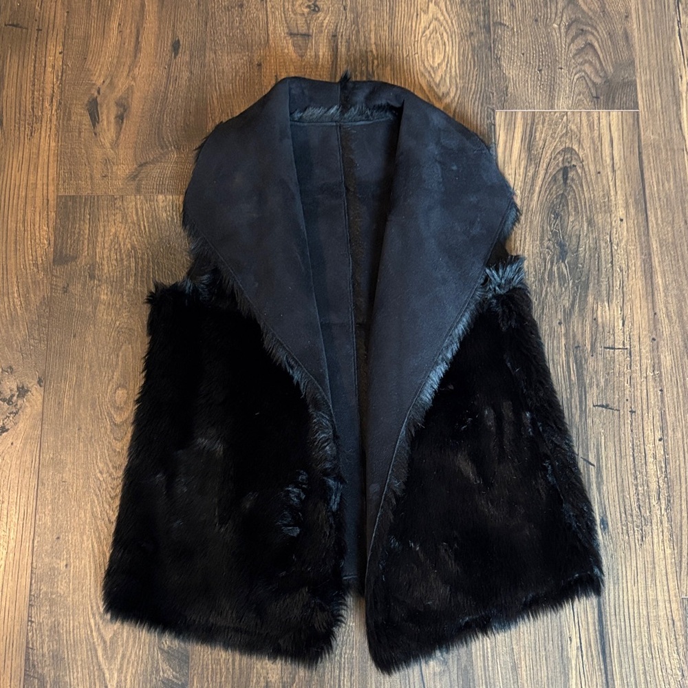 LOFT Black Faux Fur Open Vest with Shawl Collar